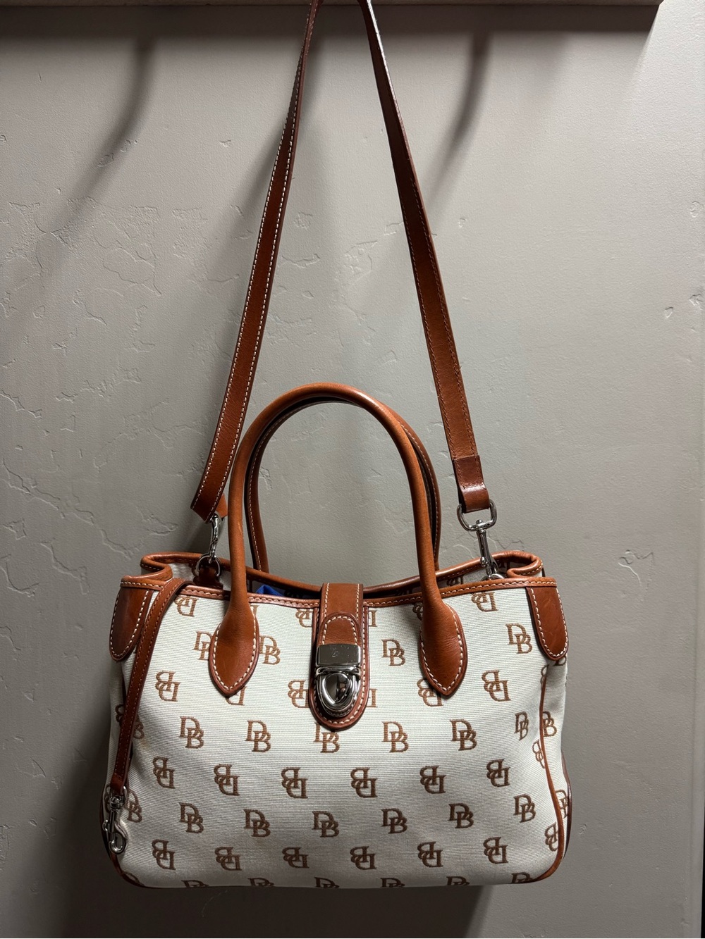 Dooney & Bourne Monogram Cream & Brown Satchel with Removable Strap